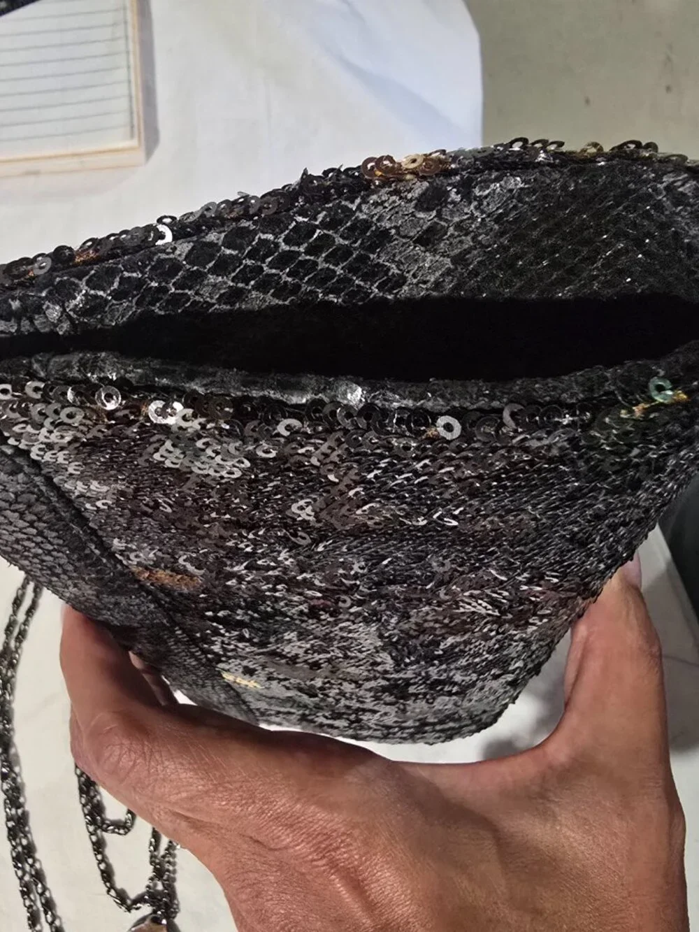 Big Buddha Santa Barbara Black Sequin Faux Snakeskin Evening Clutch Chain Strap